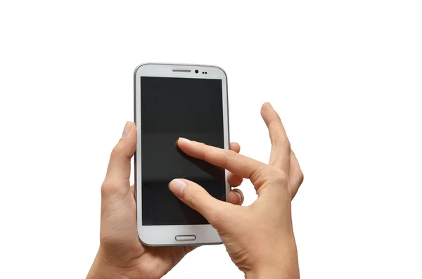 Kvinna hand använda mobiltelefon pekskärm på vit bakgrund — Stockfoto