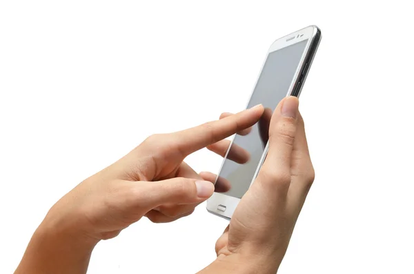 Vrouw hand met touchscreen mobiele telefoon op witte achtergrond — Stockfoto