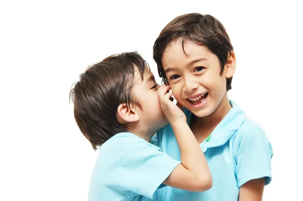 Pequeños niños hermanos compartiendo un secreto sobre fondo blanco — Foto de Stock