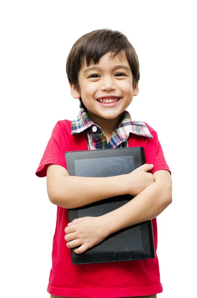 Pequeño niño sosteniendo pantalla táctil tableta — Foto de Stock