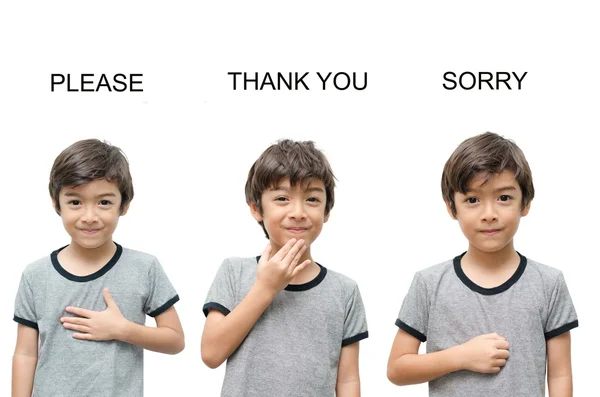 Please thank you sorry kid hand sign language on white backgroun — Stock Photo, Image