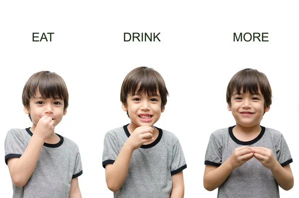 Comer, beber, más lenguaje de señas de mano para niños sobre fondo blanco — Foto de Stock