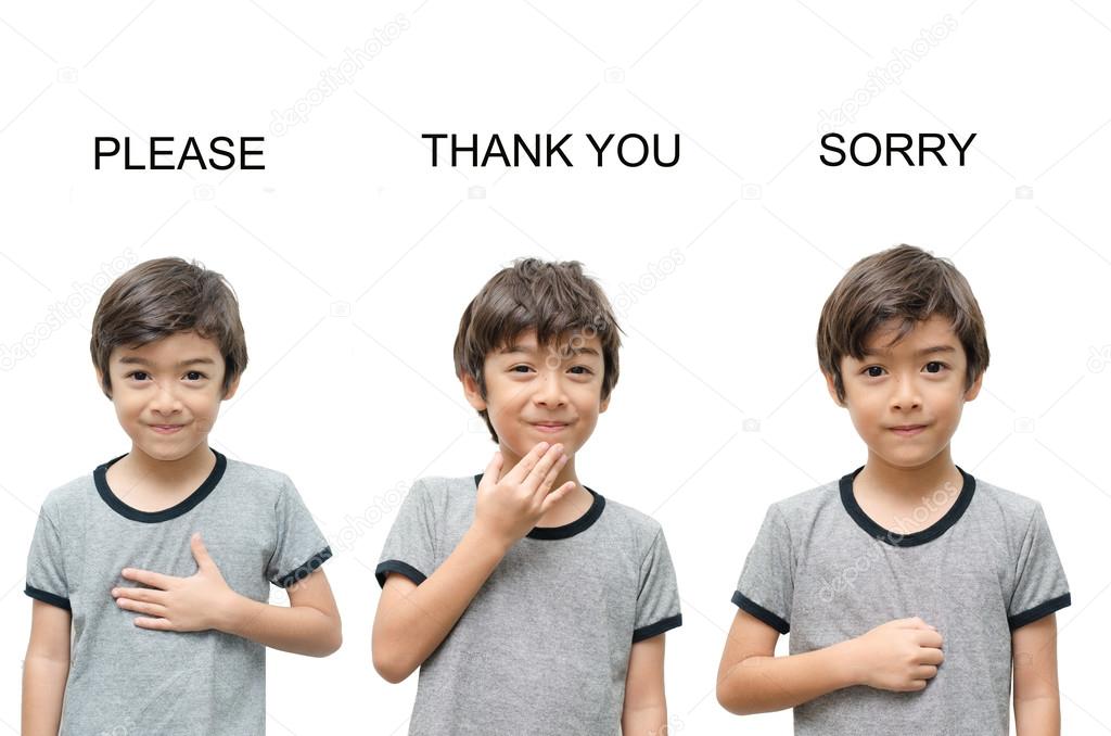 Please thank you sorry kid hand sign language on white backgroun