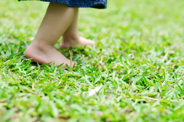 Petits pieds bébé marche sur l'herbe — Photo