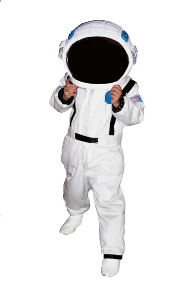 Маленький мальчик-астронавт на белом фоне — стоковое фото