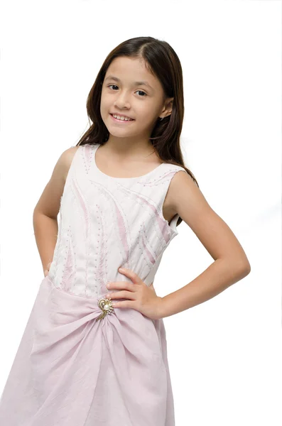 Retrato de niña en vestido rosa sobre fondo blanco —  Fotos de Stock