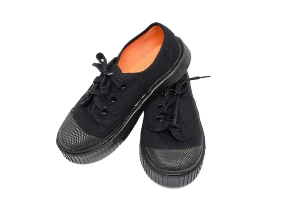 Boy student black shoes with black laces on white background — Stock Photo, Image