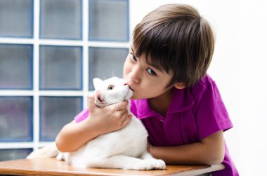 küçük oğlan küçük kedi öpüşme