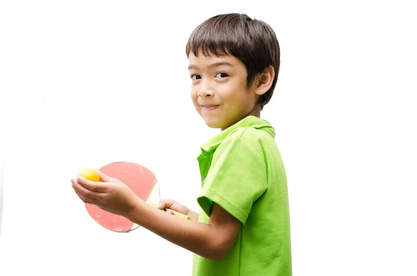 打乒乓球在白色背景上的小男孩 — 图库照片