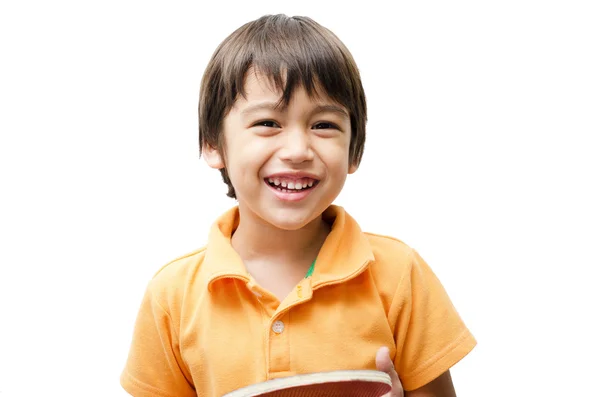 Pequeno menino bonito rindo no fundo branco — Fotografia de Stock