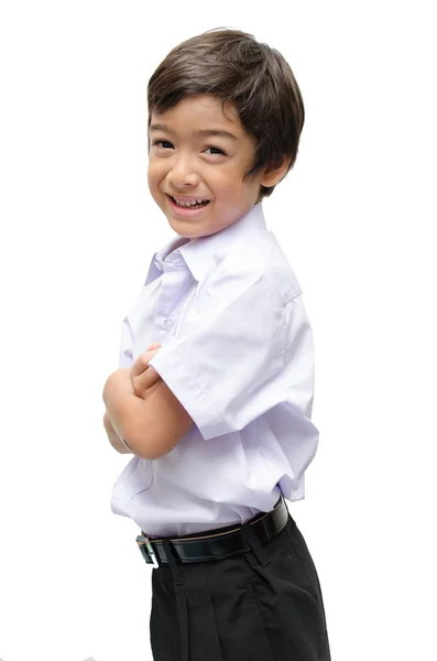 Little student boy in uniformon white background — Stock Photo, Image