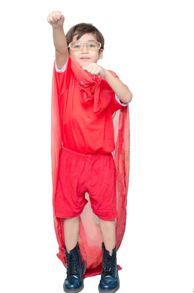 Pequeño niño está vestido como un superhéroe volando — Foto de Stock