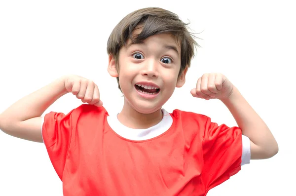 Little boy showing his muscles on white background — Stock Photo, Image