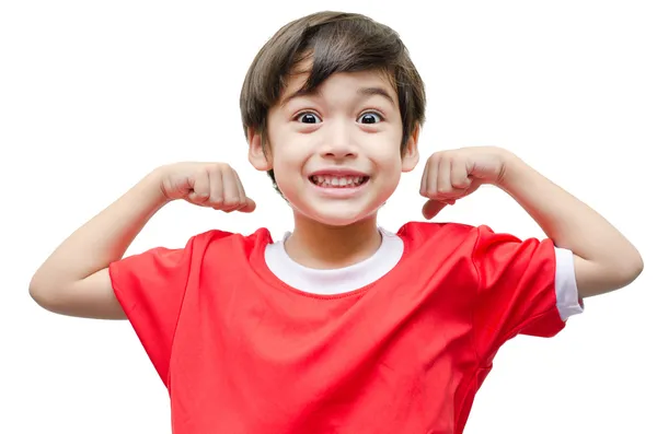 Pequeño niño mostrando sus músculos sobre fondo blanco — Foto de Stock