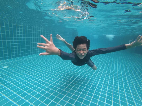 Little Boy Having Fun Playing Underwater Pool Happy Smile — Stock Photo, Image