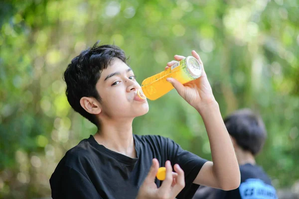 Nastolatek Pijący Sok Owocowy Parku Camping Lato — Zdjęcie stockowe