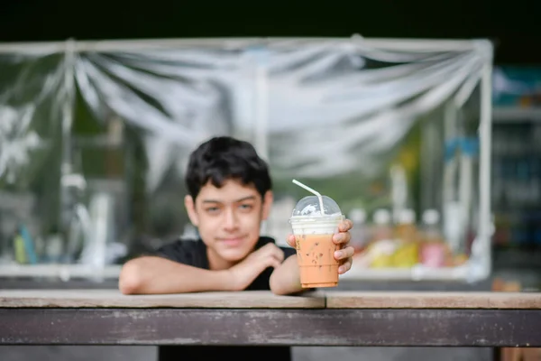 Teenager Boy Drinking Fruit Juice Park Camping Summer Time — Foto Stock