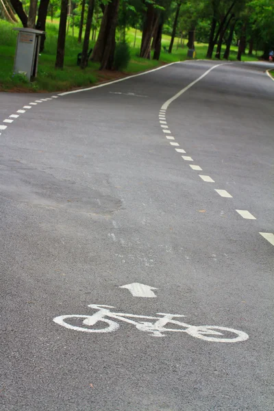 Segnale stradale e freccia in bicicletta su strada asfaltata — Foto Stock