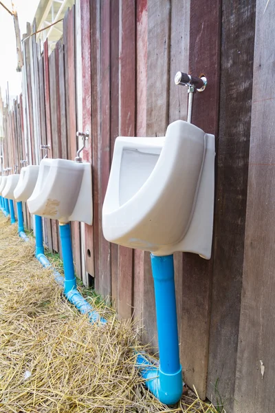 Urinal na parede de madeira velha — Fotografia de Stock