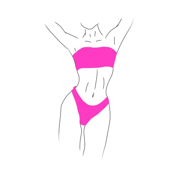 Linje Skiss Kvinna Stående Puton Rosa Bikini Vektor Illustration — Stock vektor