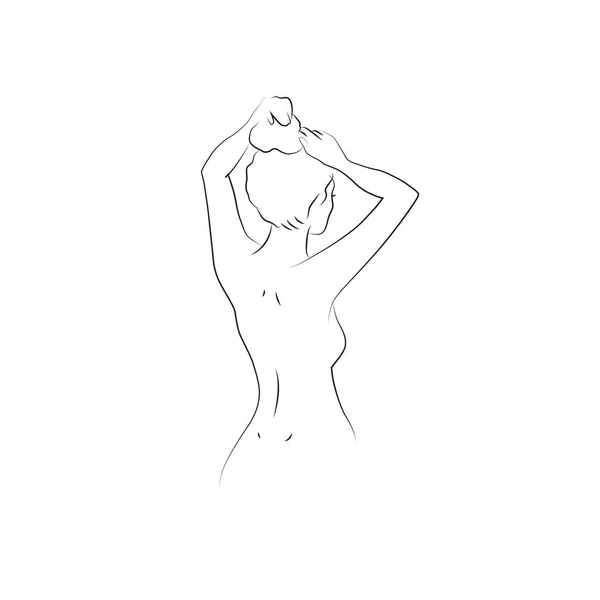 Esquisse Linéaire Femme Debout Avec Ses Cheveux Dos Illustration Vectorielle — Image vectorielle