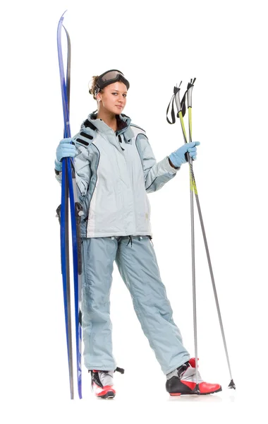 Winter sexy nice girl with grey sports suit and skis — Stock Photo, Image