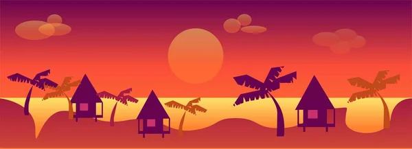 Sonnenuntergang Strand Und Dorf Spiel Hintergrundvektor Illustration — Stockvektor