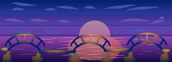 Brücke Sonnenuntergang Beach Landschaft Spiel Hintergrund Vektor Illustration — Stockvektor