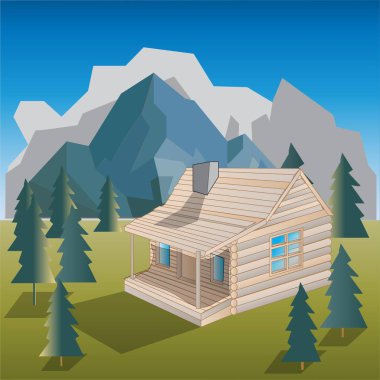 Mountain Cabin View and Landscape Vector Illustration