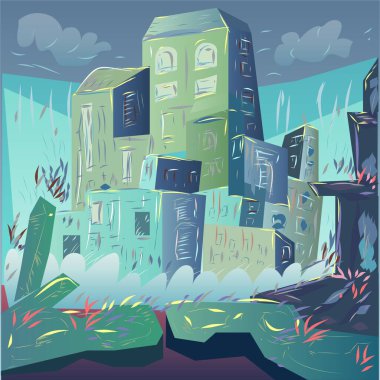 Ancient Ruins of Fantasy Medieval Castle Vector Illustration