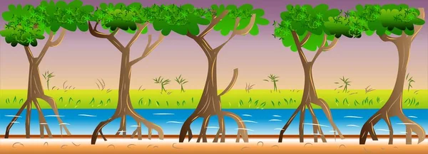 Lapos Mangrove Erdő Játék Háttér Vektor Illusztráció — Stock Vector