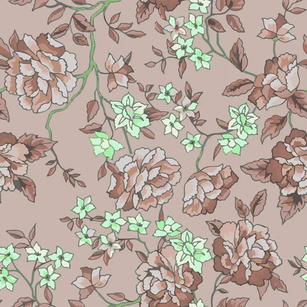 Vollständige Nahtlose Braune Blumenmuster Retro Illustration Ziergarten Blumen Und Blätter — Stockvektor