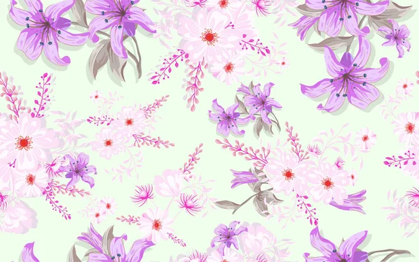 Vollständige Nahtlose Lilium Kamille Floralen Hintergrund Für Stoffdruck Ditsy Illustration — Stockvektor