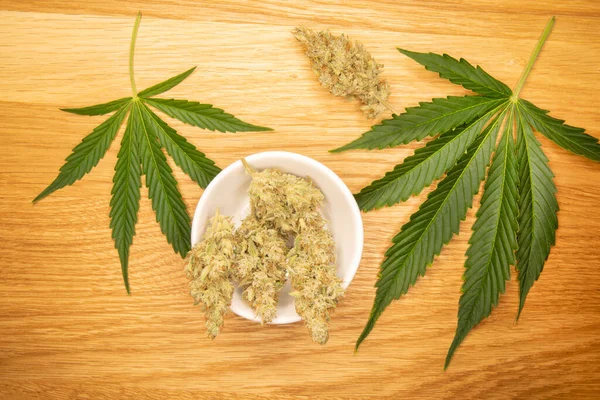 Medical Cannabis Concept Image Hemp Fresh Leaves Buds Wooden Background — Foto de Stock