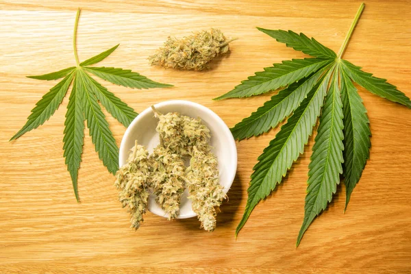 Medical Cannabis Concept Image Hemp Fresh Leaves Buds Wooden Background — Foto de Stock
