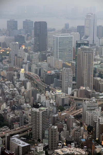 Vue industrielle de Tokyo avec routes achalandées, gratte-ciel et baie de Tokyo — Photo