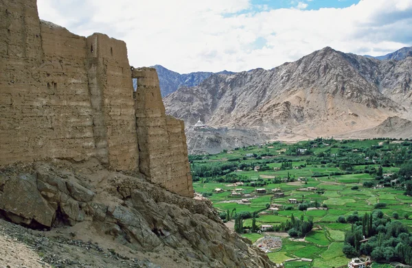 Leh, la capitale del Ladakh vista dalla collina con le rovine di Le — Foto Stock