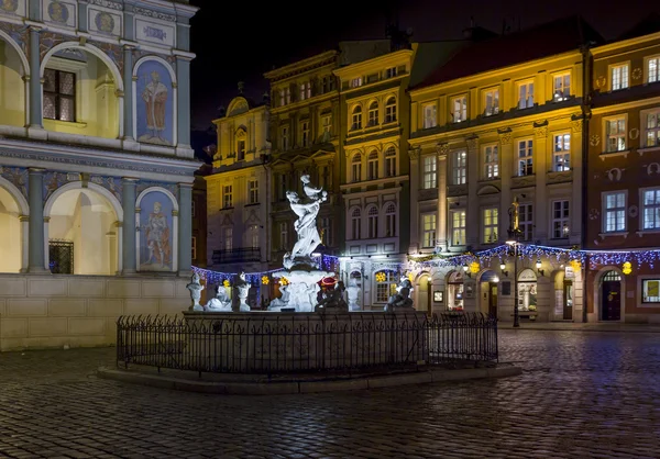 Fragment of historical town square in Poznan, Poland with a fou — Stock Photo, Image