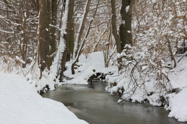 Peinture à l'huile photo stylisée de rivière en hiver — Photo