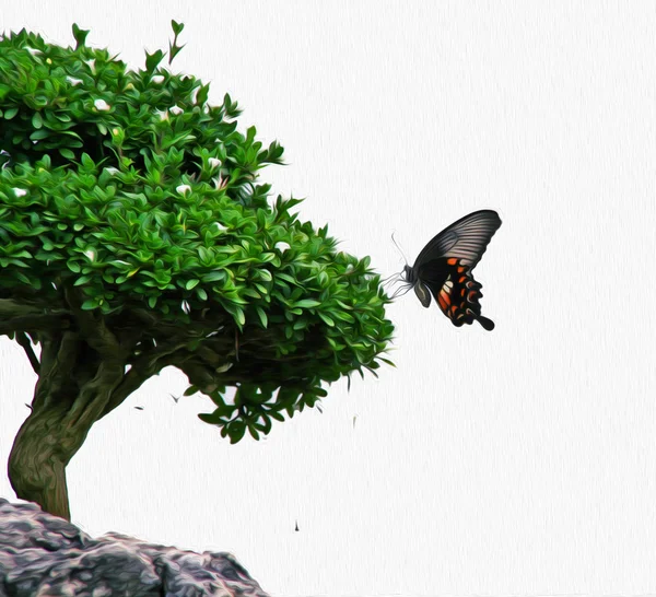 Oil painting stylized photo of butterfly sitting on a bonsai tre Royalty Free Stock Images