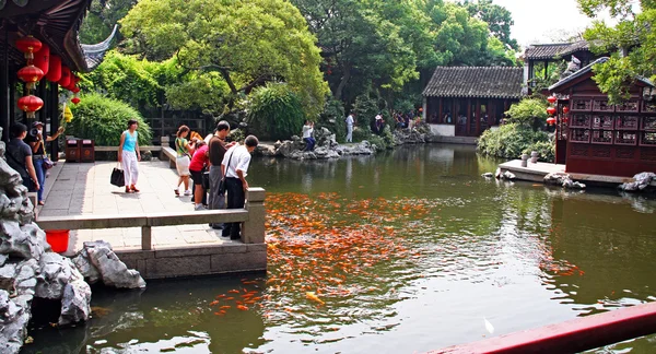 Turisti cinesi che alimentano carpe koi in un giardino tradizionale, Cina Foto Stock Royalty Free