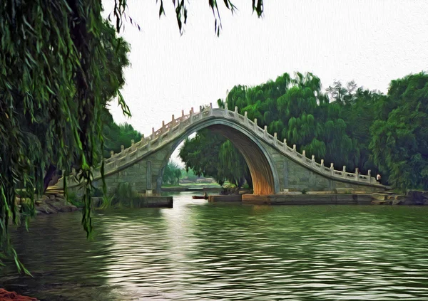 Pintura al óleo foto estilizada del puente chino antiguo Imágenes De Stock Sin Royalties Gratis