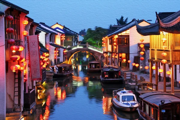Pittura a olio foto stilizzata di vista notturna del canale nel vecchio Suzho Fotografia Stock