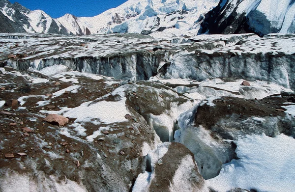 Gletscher im Pamirgebirge, Stilisierung mit Ölfarbe — Stockfoto