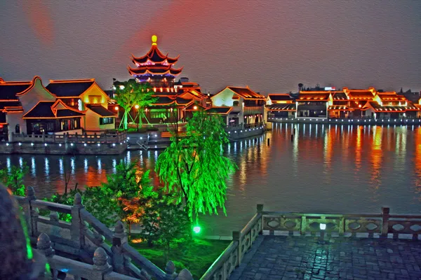 Yağlı boya stilize fotoğraf suzhou eski şehir, c gece görüş — Stok fotoğraf