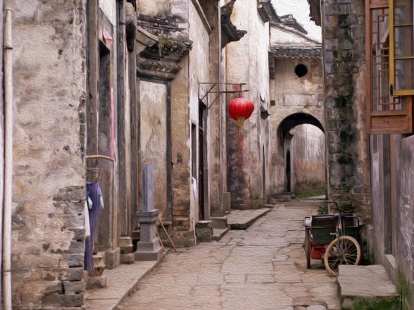 Empty street of an ancient town in Anhui province in China, oil Stock Image