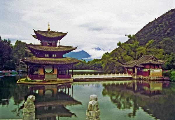 Okrasné nádvoří paláce v lijiang, Čína, olejová barva styl — Stock fotografie