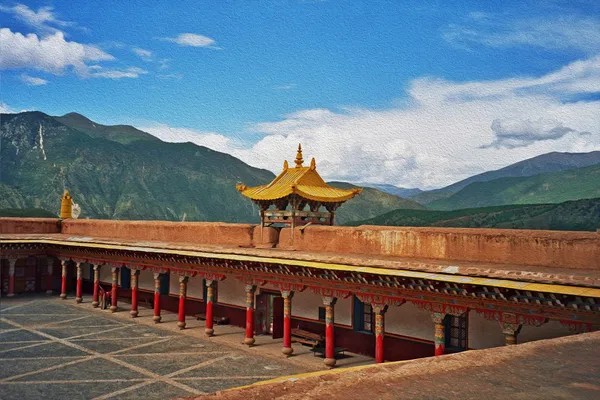 Oil painting stylized photo of  tibetan monastery in Xiancheng, — Stock Photo, Image