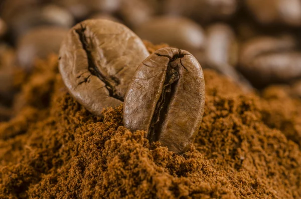 Coffee seeds or beans over ground coffee close up macro — Stock Photo, Image