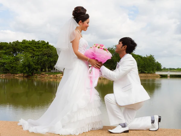 Novia y novio en un momento romántico — Foto de Stock